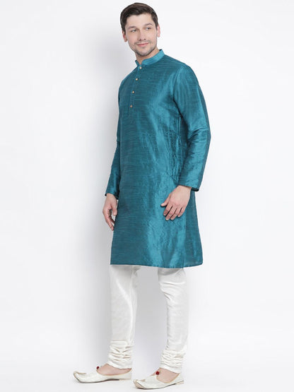 Vastramay Men's Dark Green Cotton Silk Blend Kurta and Pyjama Set