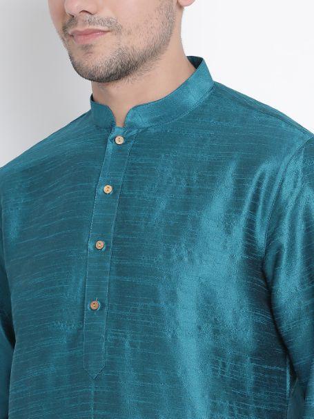 Vastramay Men's Dark Green Cotton Silk Blend Kurta and Pyjama Set