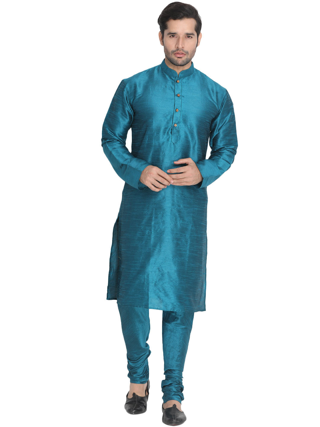 Vastramay Vastramay Men's Dark Green Cotton Silk Blend Kurta and Pyjama Set