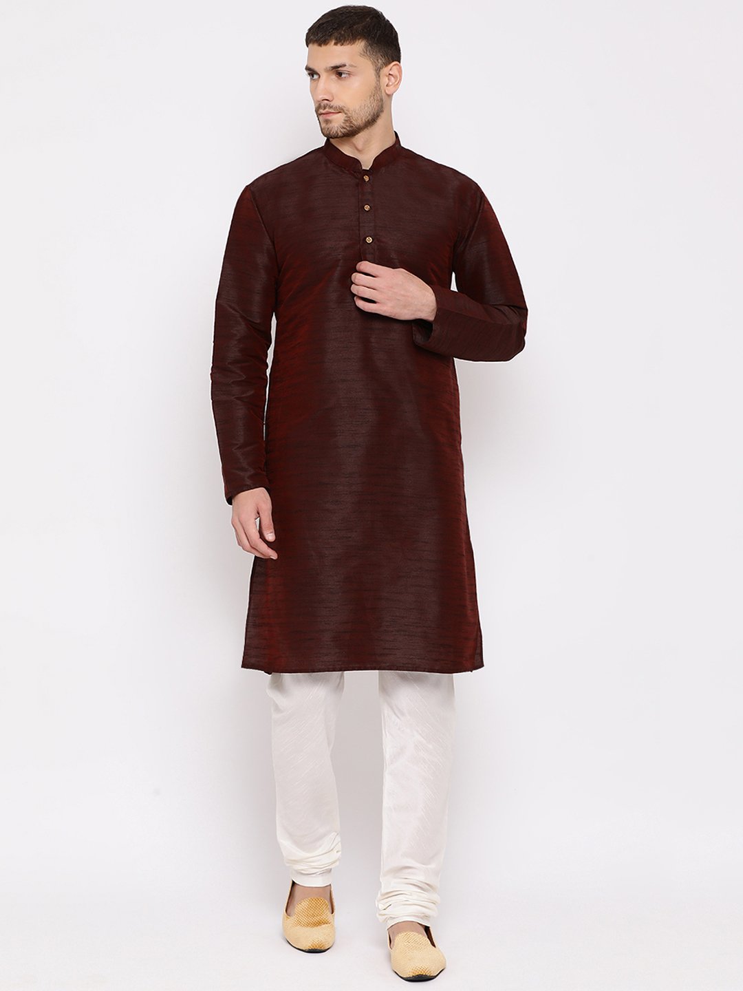 Vastramay Men's Burgundy Silk Blend Kurta and Pyjama Set