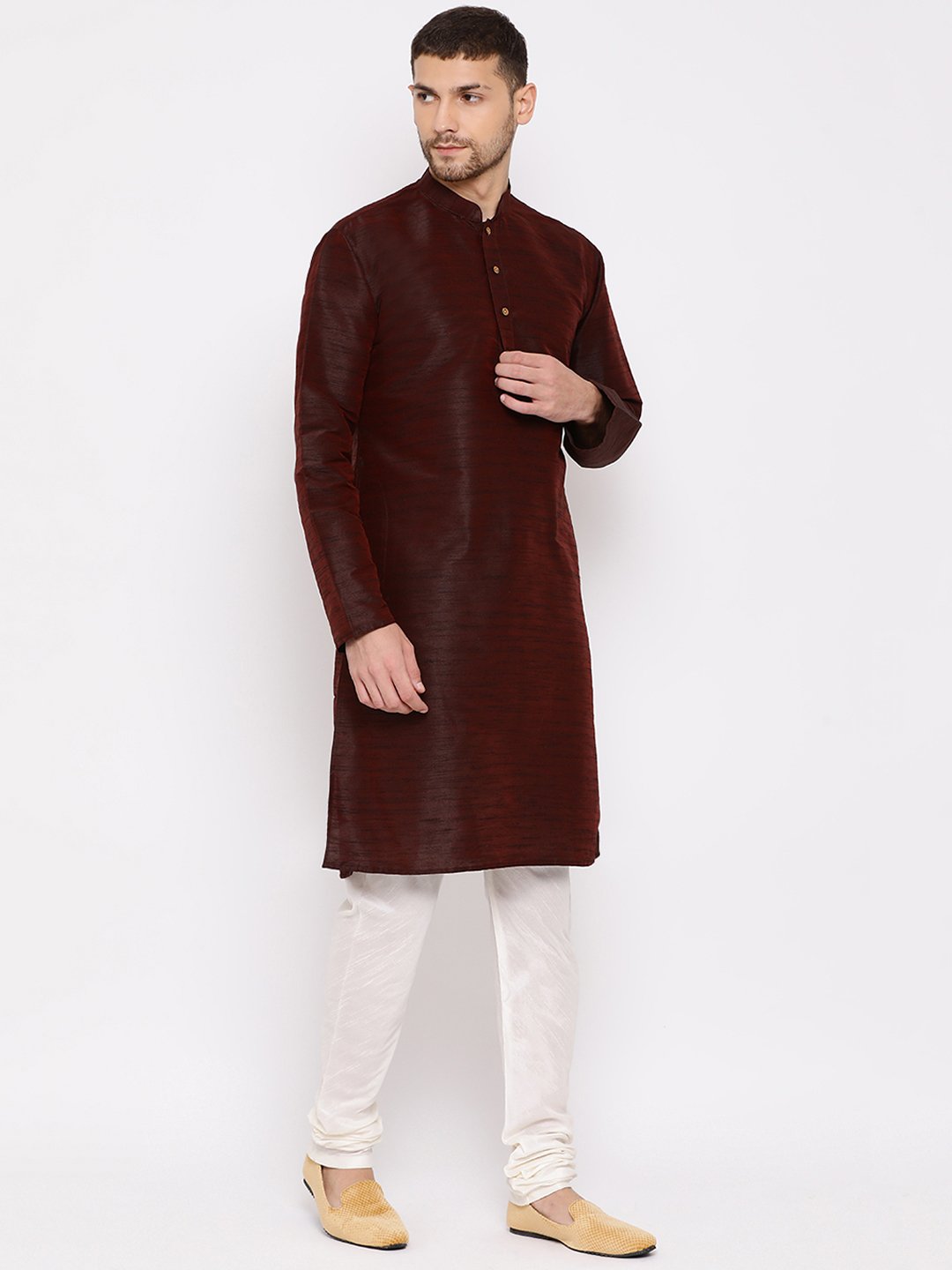 Vastramay Men's Burgundy Silk Blend Kurta and Pyjama Set