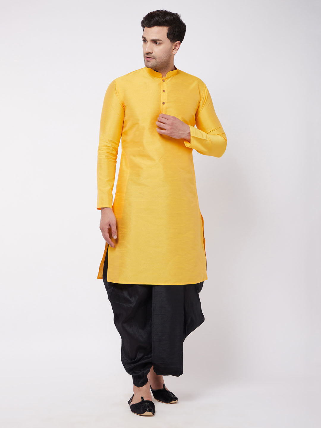 Vastramay Men's Yellow And Black Silk Blend Kurta And Dhoti Set