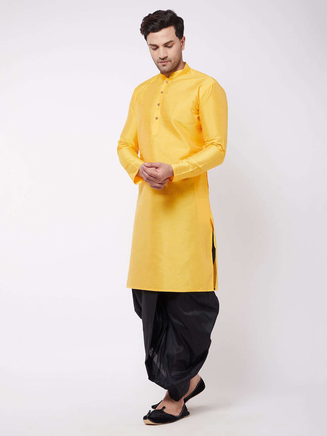 Vastramay Men's Yellow And Black Silk Blend Kurta And Dhoti Set