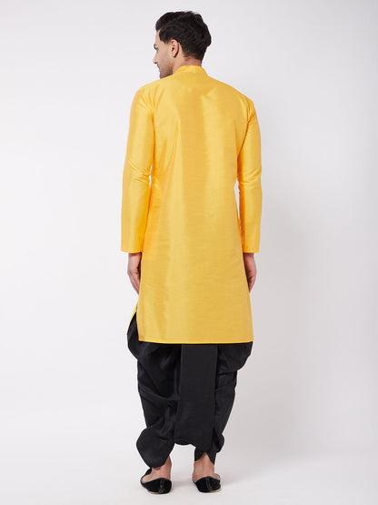 Vastramay Men's Yellow And Black Silk Blend Kurta And Dhoti Set