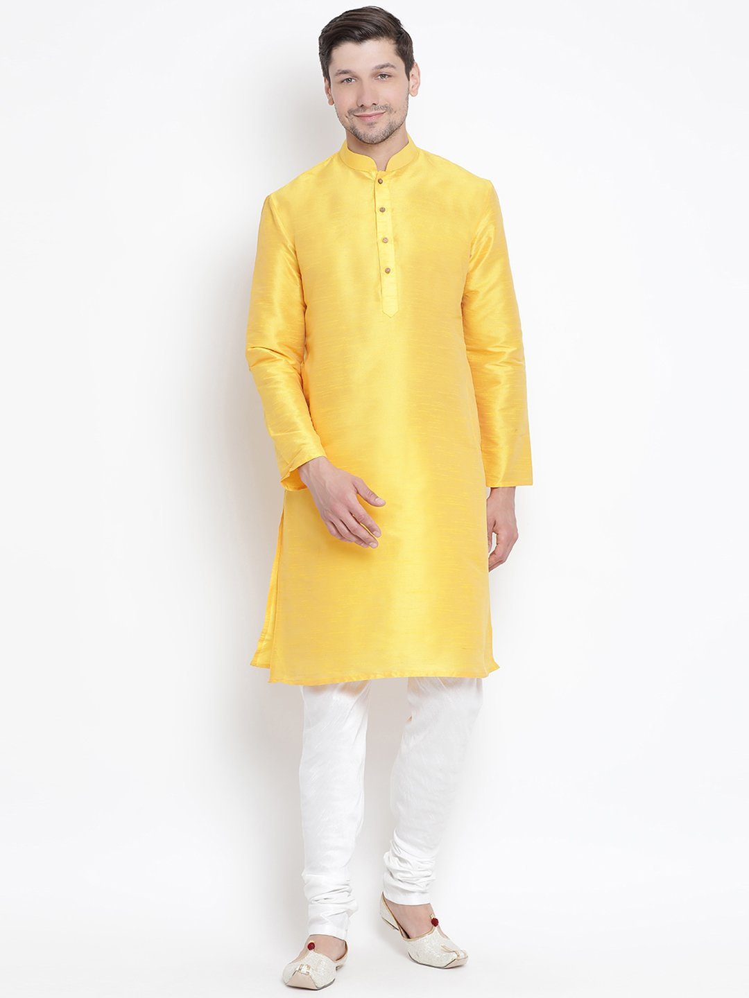 Vastramay Vastramay Men's Yellow Cotton Silk Blend Kurta and Pyjama Set