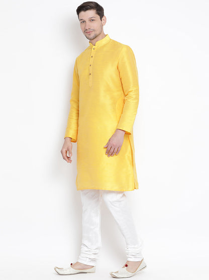 Vastramay Men's Yellow Cotton Silk Blend Kurta and Pyjama Set