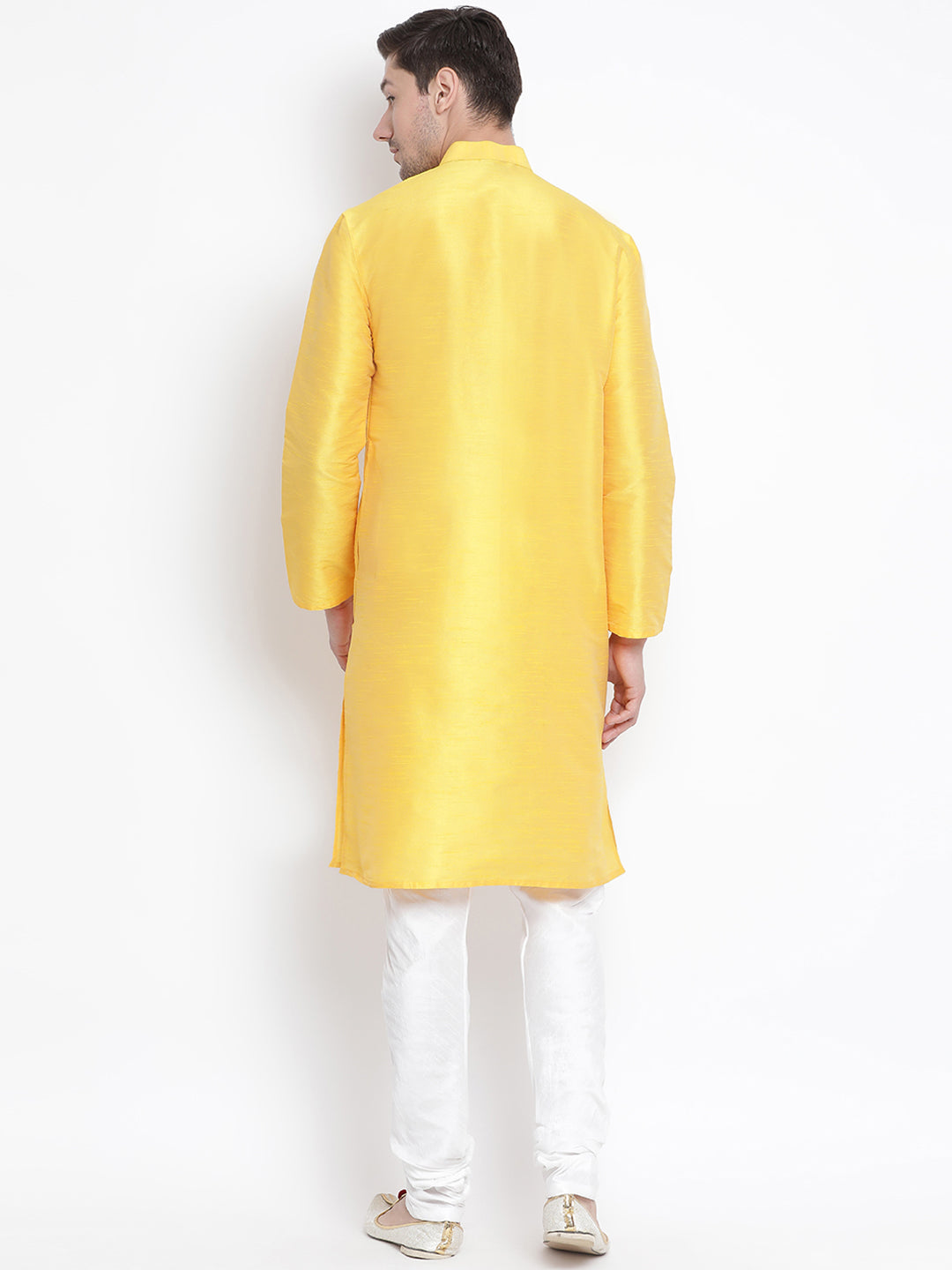 Vastramay Men's Yellow Cotton Silk Blend Kurta and Pyjama Set