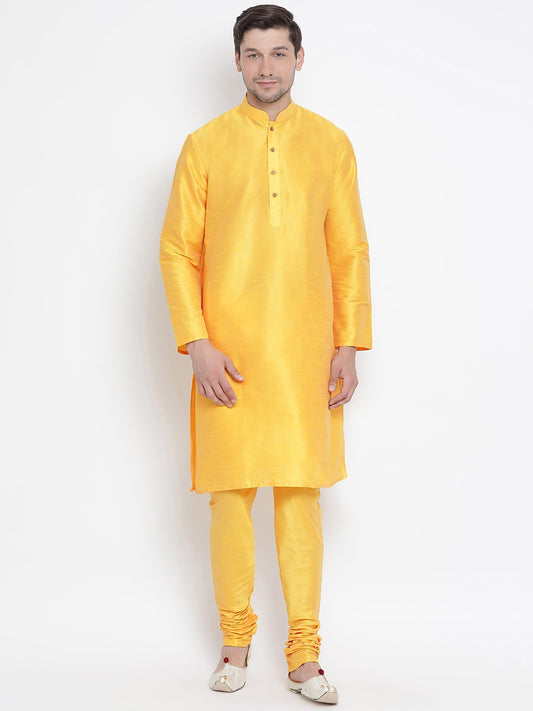 Vastramay Vastramay Men's Yellow Cotton Silk Blend Kurta and Pyjama Set