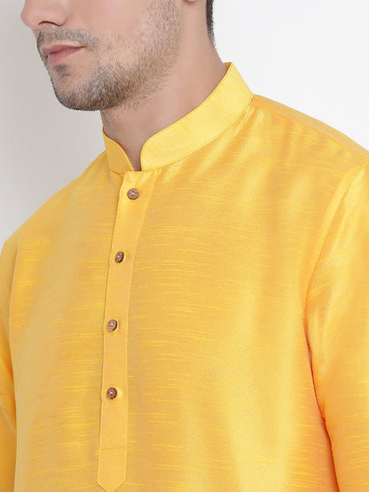 Vastramay Men's Yellow Cotton Silk Blend Kurta and Pyjama Set