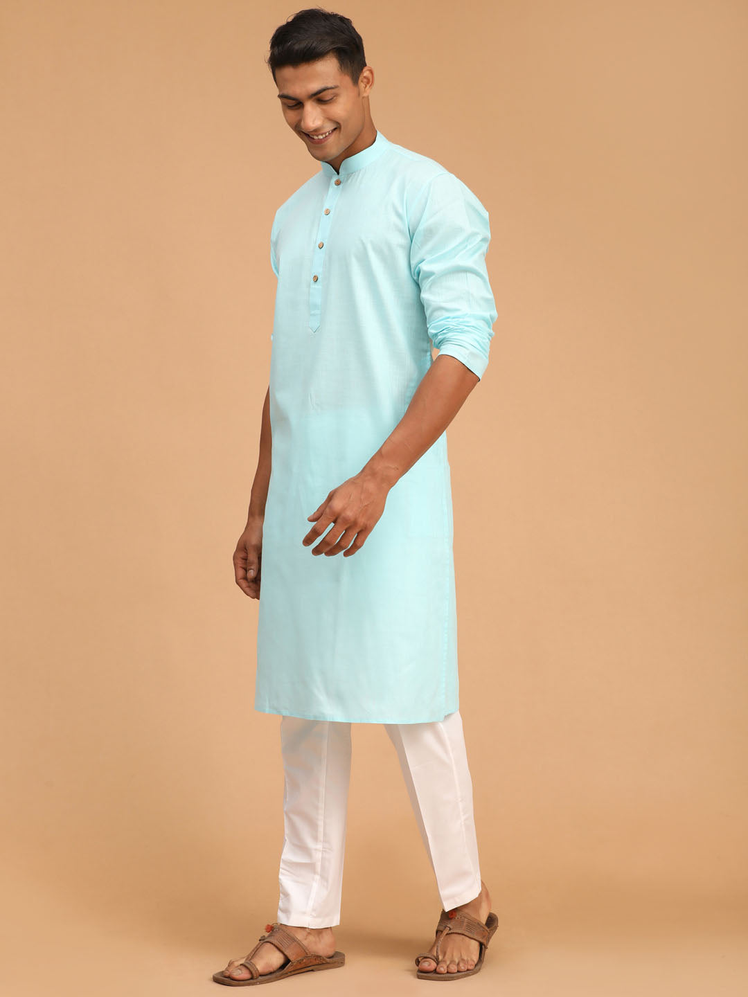 Vastramay mens aqua blue cotton kurta and pyjama set