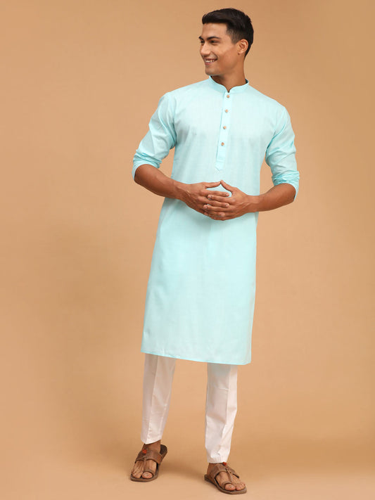 Vastramay mens aqua blue cotton kurta and white cotton pyjama set