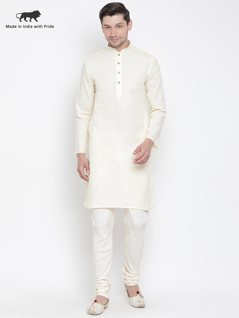 Vastramay Men's Beige Cotton Kurta and Pyjama Set