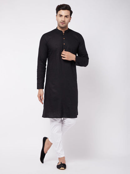 Vastramay Men's Black Solid Cotton Blend Kurta & White Pyjama Set