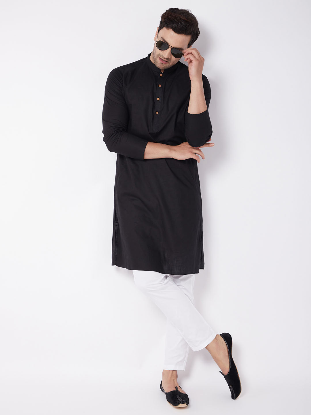 Vastramay Men's Black Solid Cotton Blend Kurta & White Pyjama Set