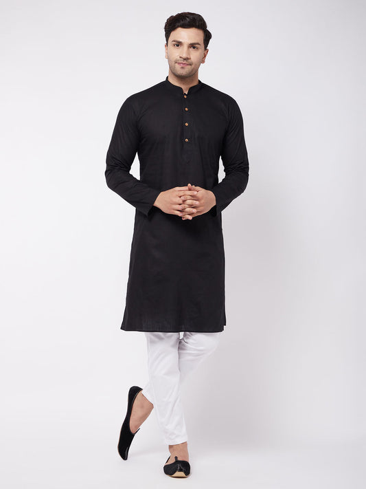 Vastramay mens black solid cotton blend kurta white color solid cotton pant set