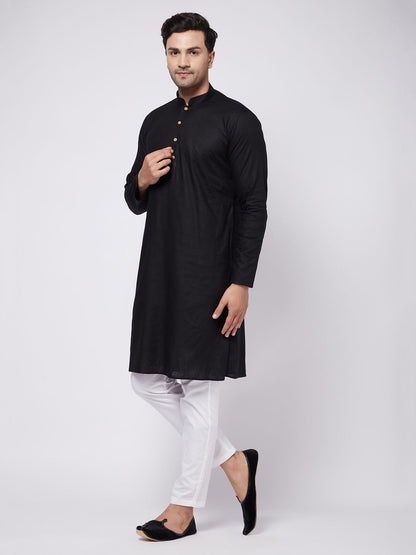 Vastramay mens black solid cotton blend kurta white color solid cotton pant set