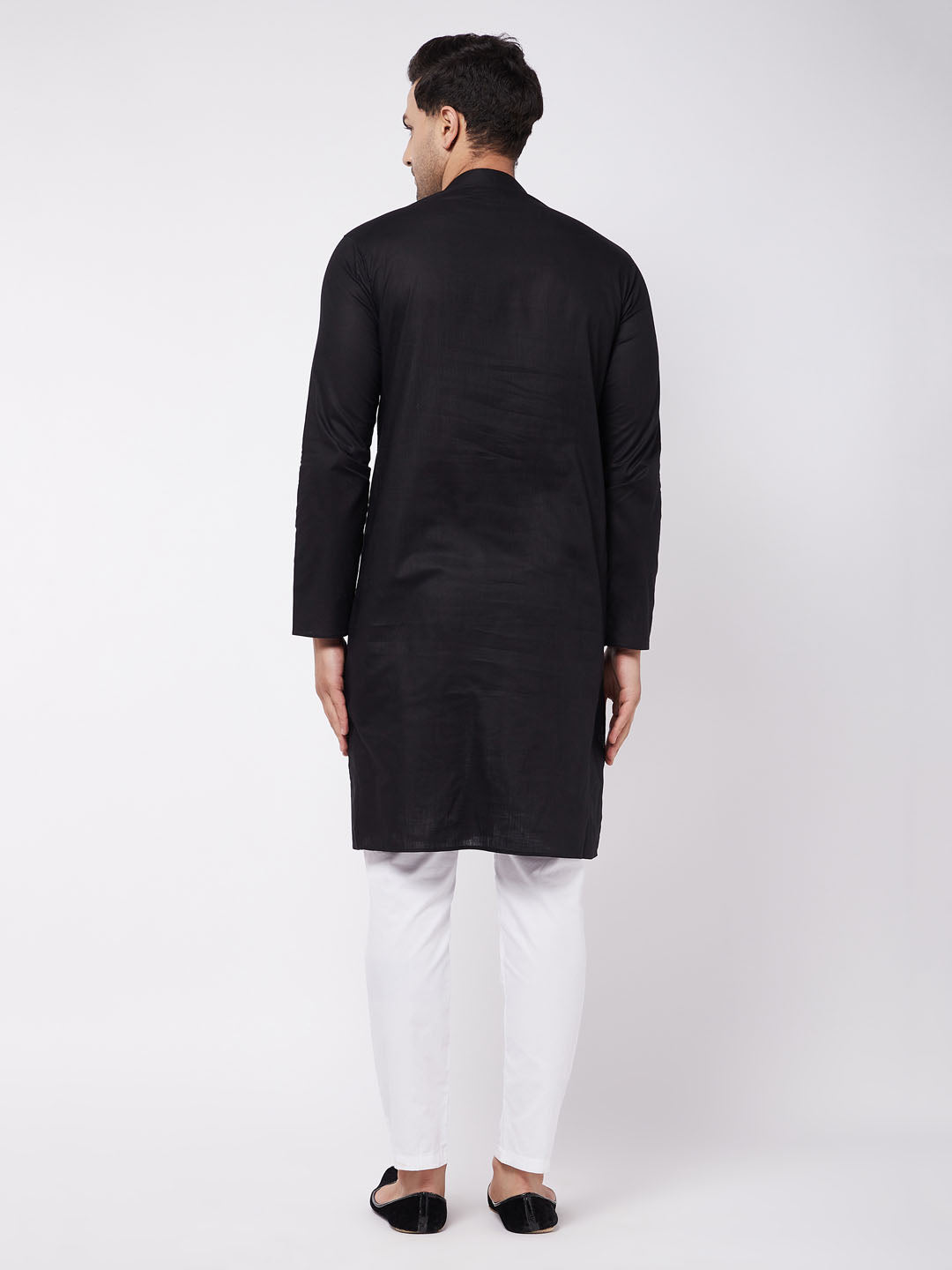 Vastramay mens black solid cotton blend kurta white color solid cotton pant set