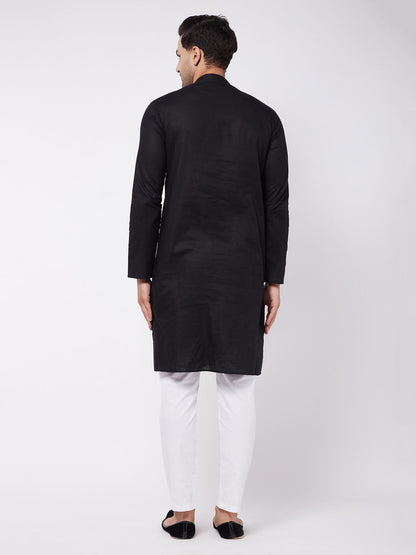 Vastramay mens black solid cotton blend kurta white color solid cotton pant set