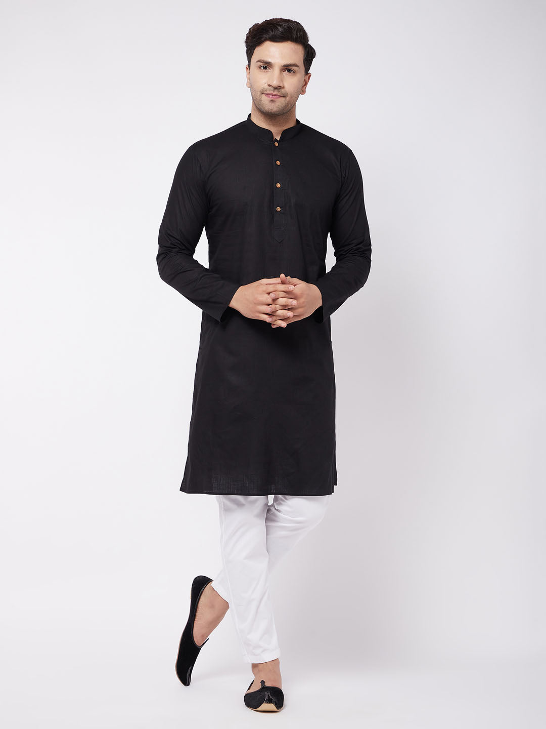 vastramay mens black solid cotton blend kurta white solid cotton pant set