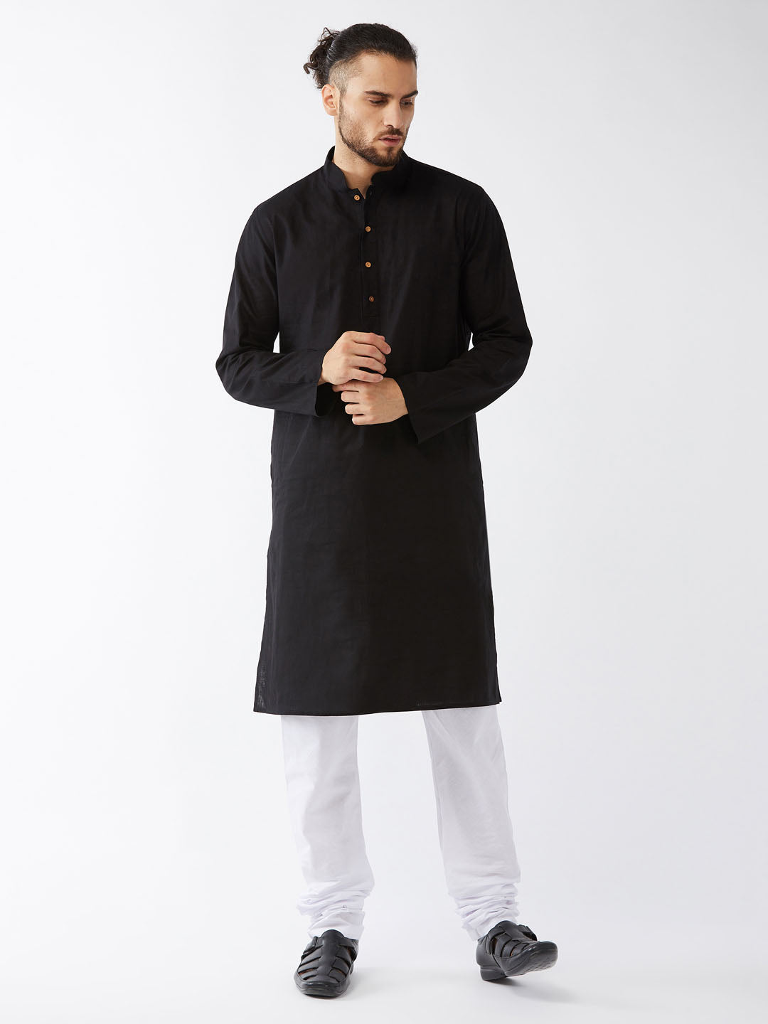 Vastramay Men's Black Cotton Linen Blend Kurta and Pyjama Set