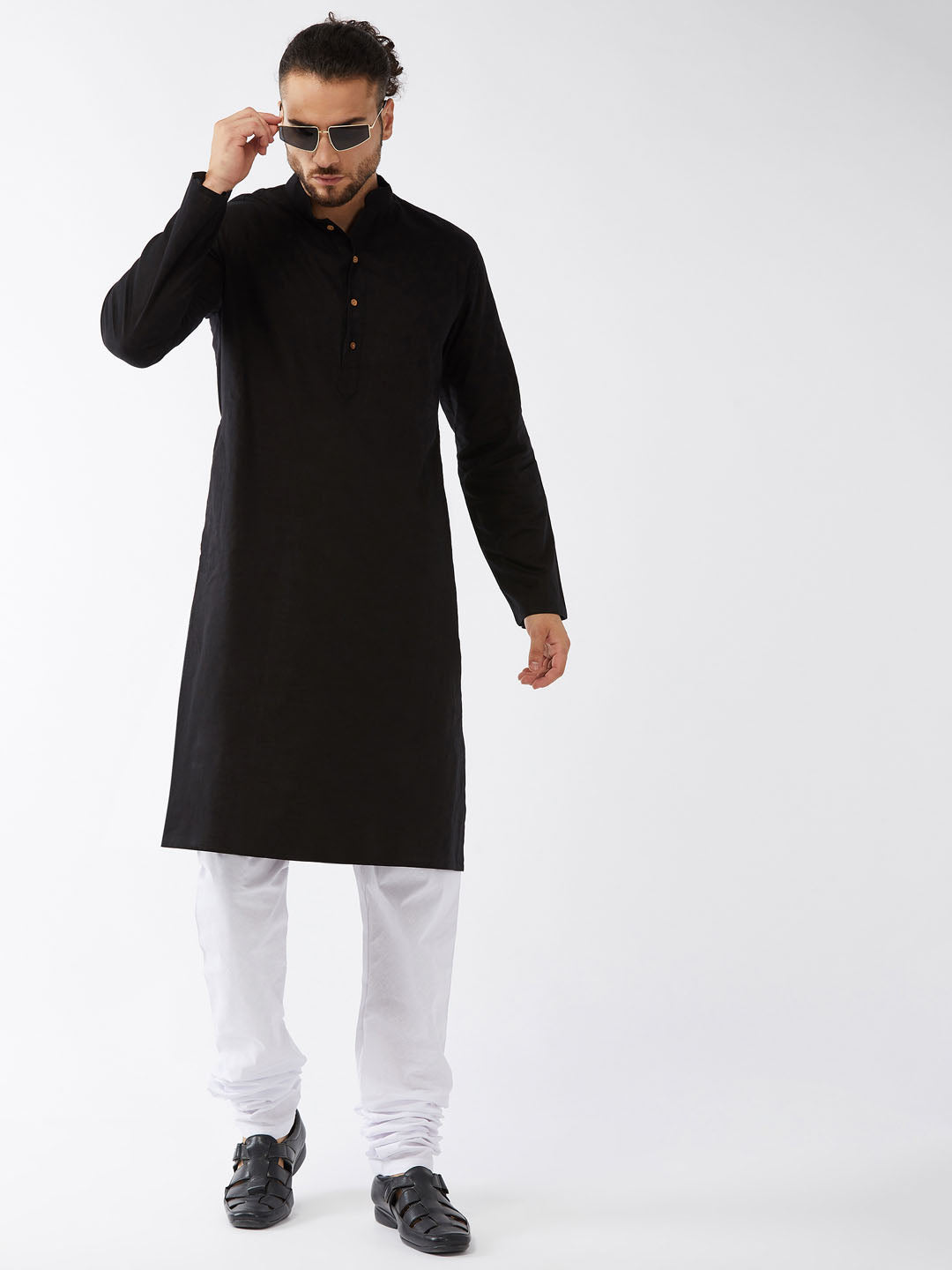 Vastramay Men's Black Cotton Linen Blend Kurta and Pyjama Set