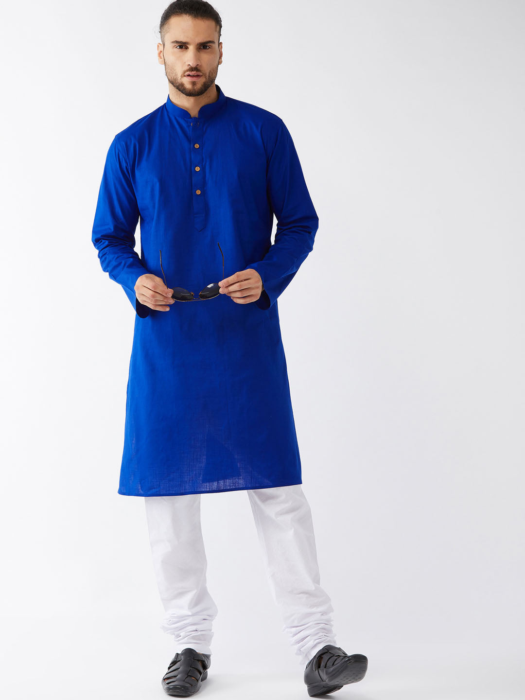 Vastramay Men's Blue Cotton Linen Blend Kurta and Pyjama Set