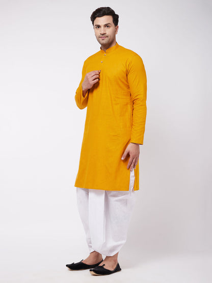 Vastramay Men's Mustard And White Cotton Blend Kurta And Dhoti Set