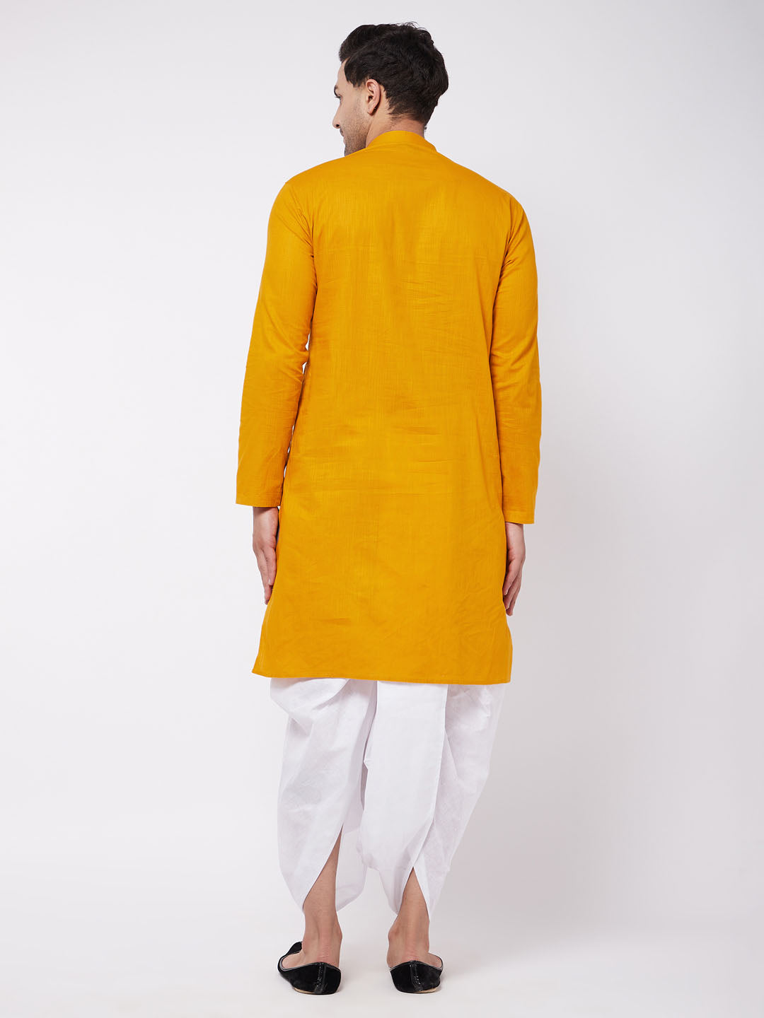 Vastramay Men's Mustard And White Cotton Blend Kurta And Dhoti Set