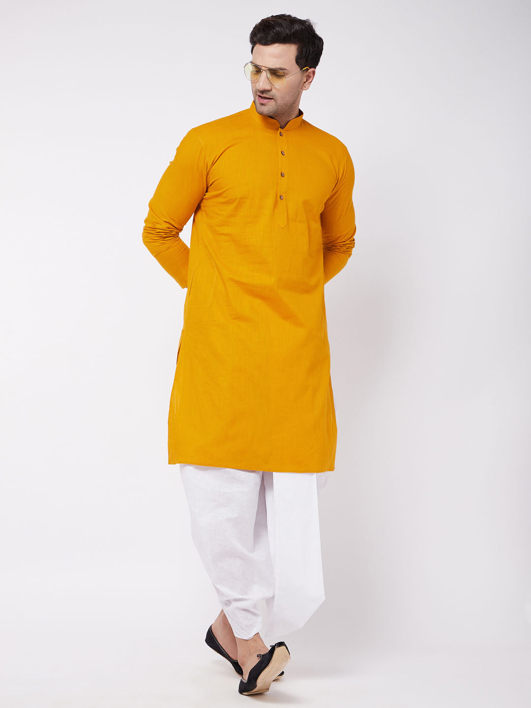 Vastramay Men's Mustard And White Cotton Blend Kurta And Dhoti Set