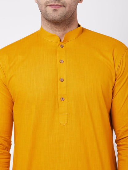 Vastramay Men's Mustard And White Solid Cotton Blend Kurta Pyjama Set