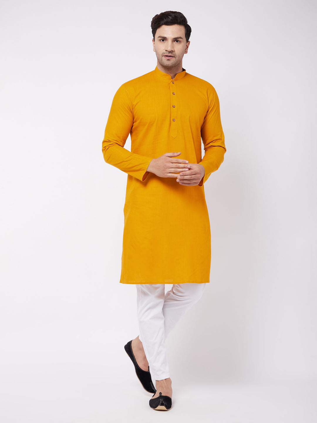 vastramay mens mustard and white solid cotton blend kurta with cotton pant set 1