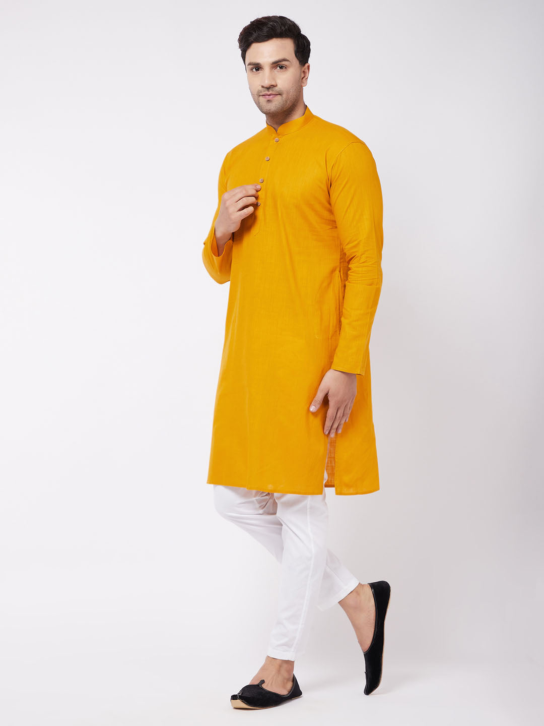 vastramay mens mustard and white solid cotton blend kurta with cotton pant set 1