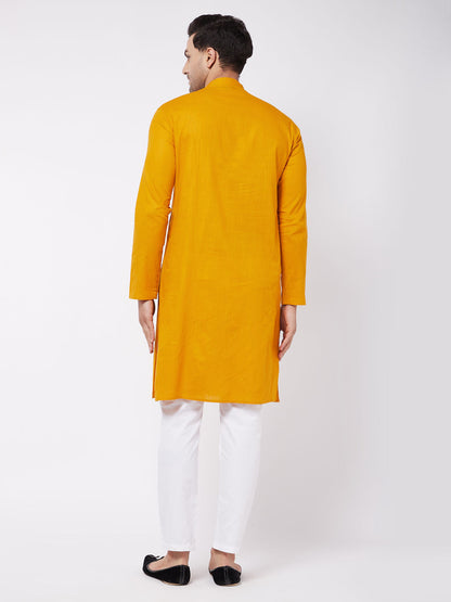 vastramay mens mustard and white solid cotton blend kurta with cotton pant set 1