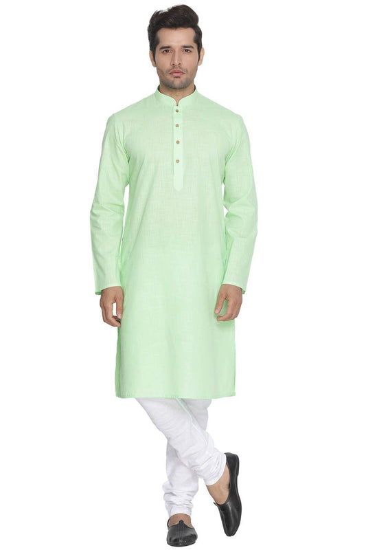 Vastramay Men's Green Cotton Kurta and Churidar Set