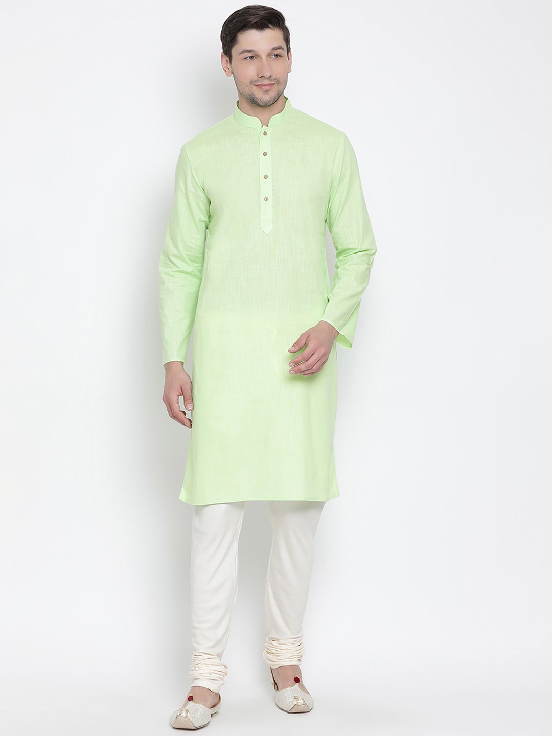 Vastramay Men's Light Green Cotton Kurta and Churidar Set