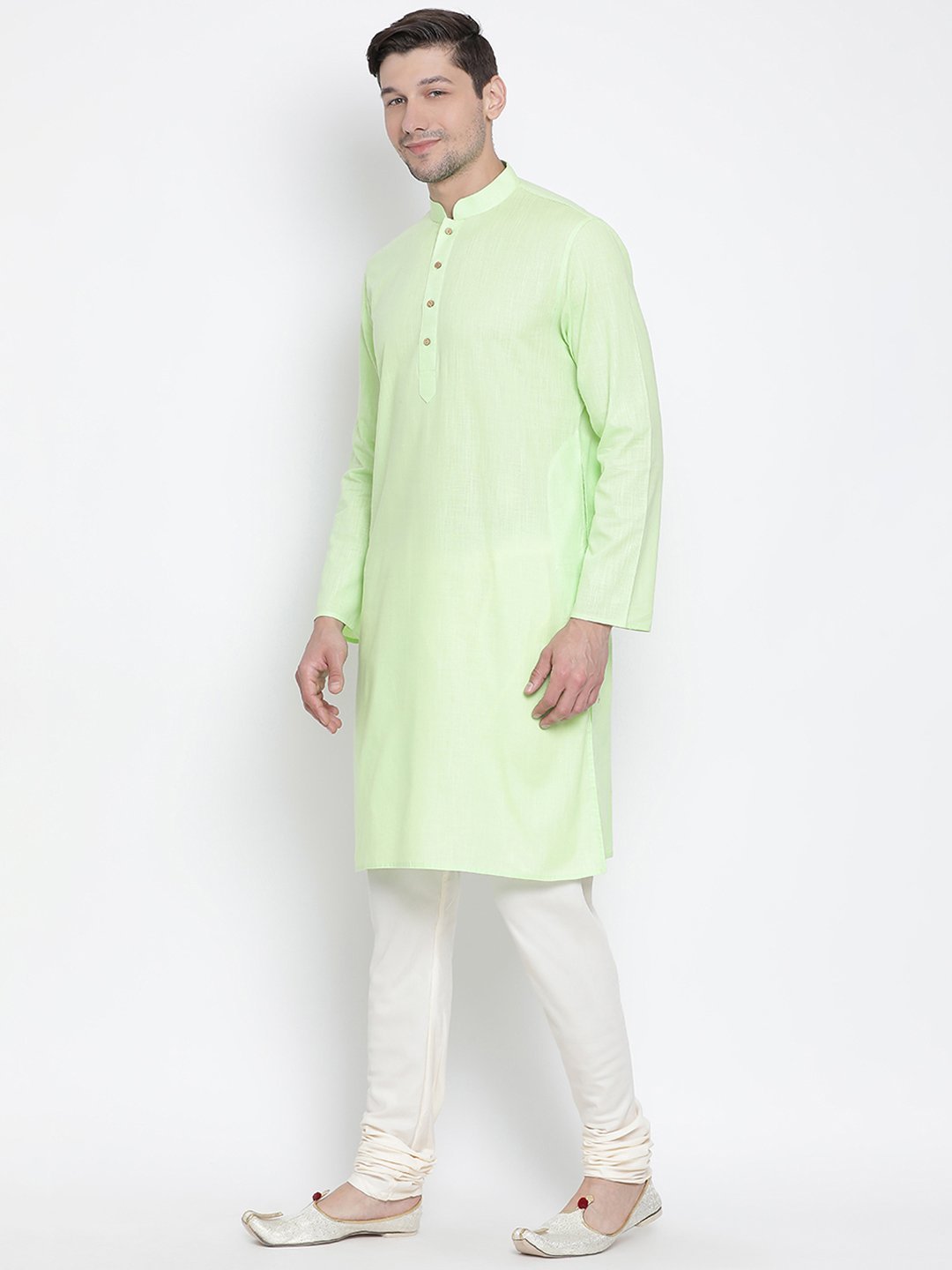 Vastramay Men's Light Green Cotton Kurta and Churidar Set