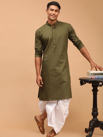 Vastramay mens mehdi green solid cotton blend kurta and white dhoti set