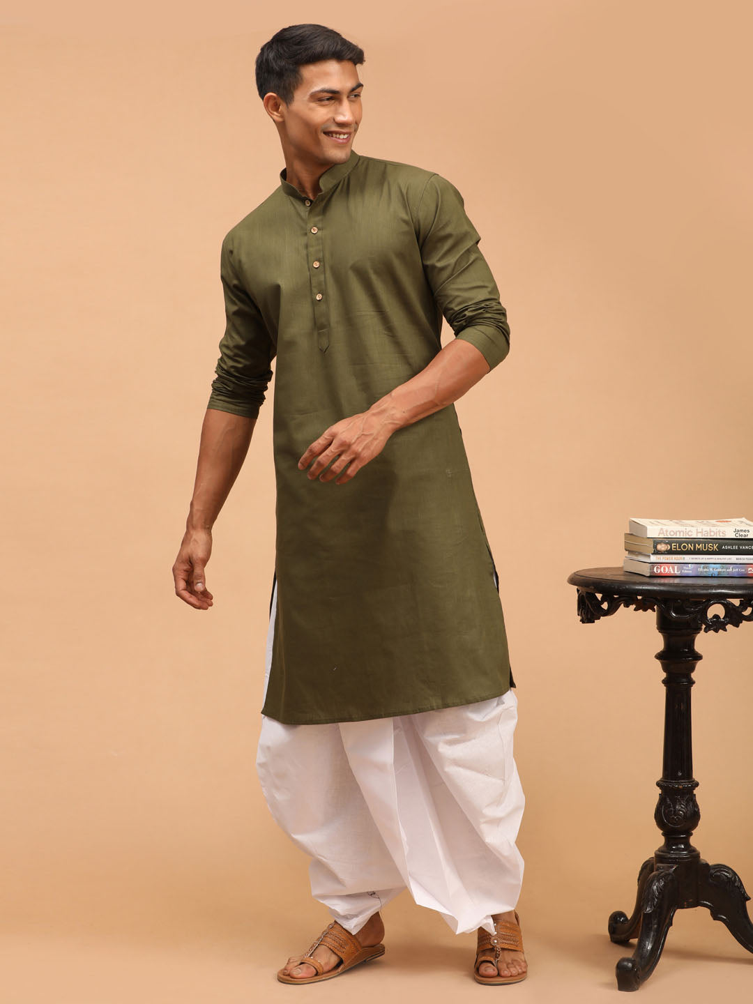 Vastramay mens mehdi green solid cotton blend kurta and white dhoti set