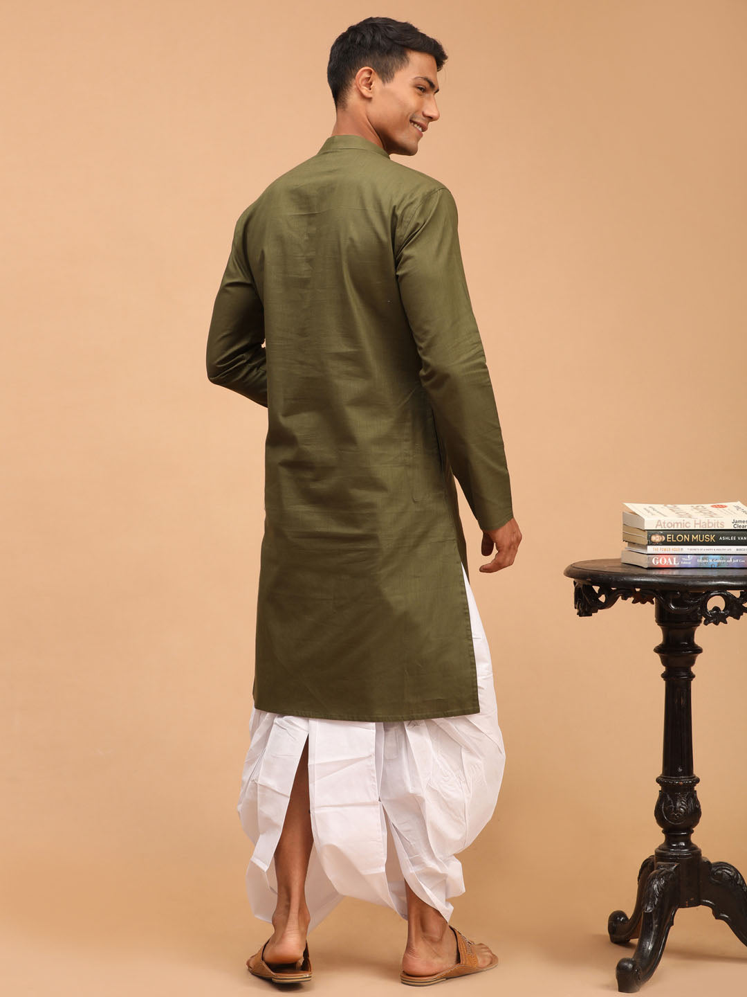 Vastramay mens mehdi green solid cotton blend kurta and white dhoti set