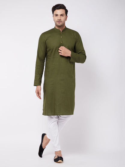 vastramay mens mehendi green solid cotton blend kurta and white cotton pant set