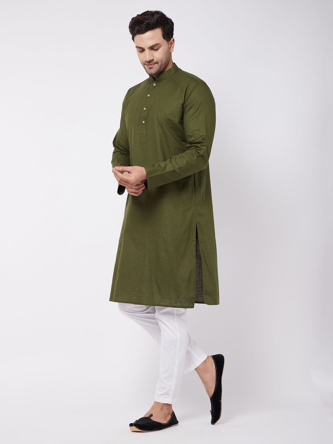 vastramay mens mehendi green solid cotton blend kurta and white cotton pant set