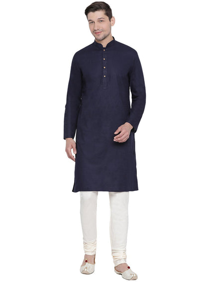 Vastramay Men's Dark Blue Cotton Kurta and Churidar Set