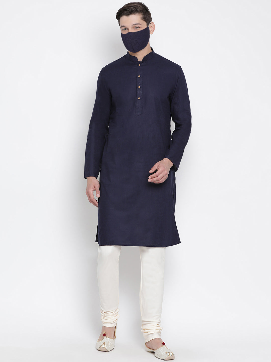 Vastramay Men's Dark Blue Cotton Kurta and Churidar Set