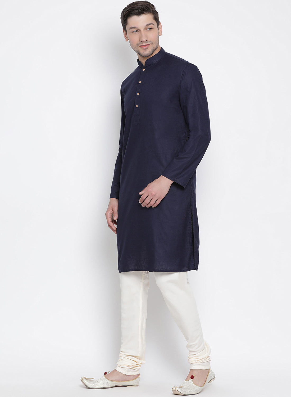 Vastramay Men's Dark Blue Cotton Kurta and Churidar Set