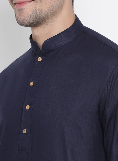 Vastramay Men's Dark Blue Cotton Kurta and Churidar Set