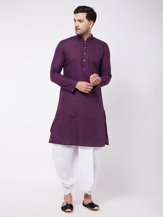 Vastramay Men's Purple And White Cotton Blend Kurta And Dhoti Set