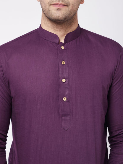 Vastramay Men's Purple And White Cotton Blend Kurta And Dhoti Set