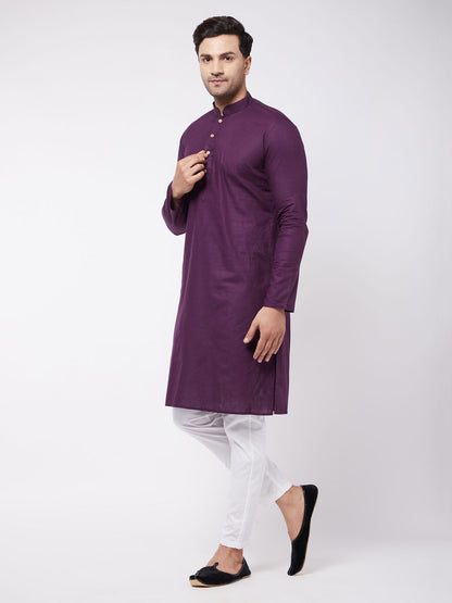 Vastramay Men's Purple  Solid Cotton Blend Kurta And White Pyjama Set