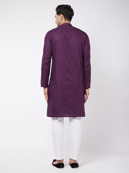 Vastramay Men's Purple  Solid Cotton Blend Kurta And White Pyjama Set