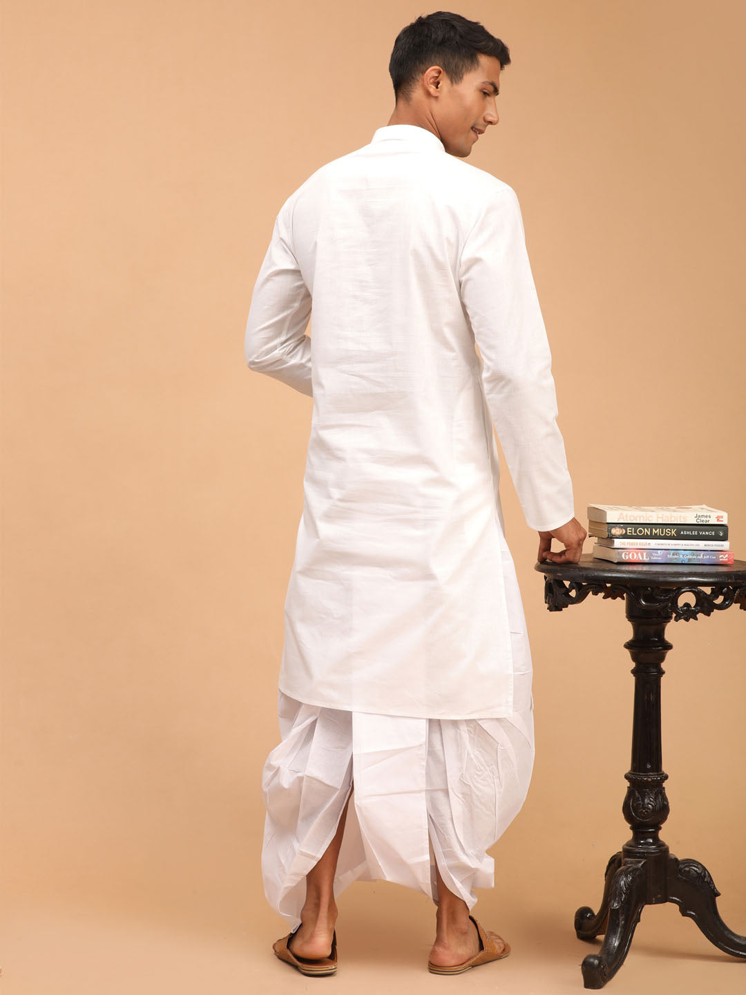 VASTRAMAY White Cotton Baap Beta Kurta Dhoti Set